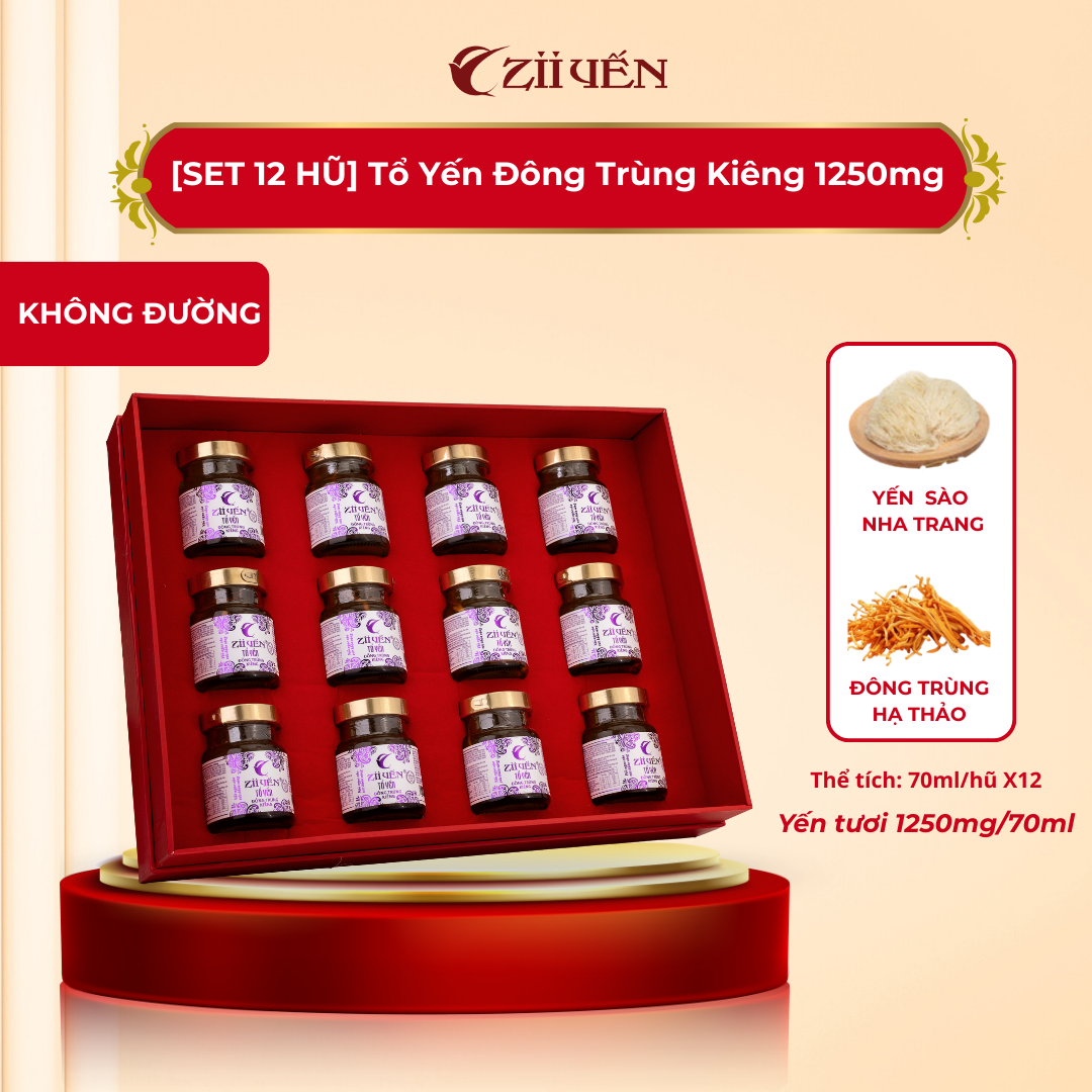 Hộp Quà 12 Hũ Tổ Yến Đông Trùng Kiêng 1250mg