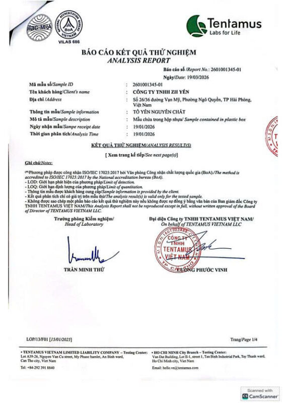 Báo Cáo Kết Quả Thử Nghiệm Tổ Yến Nguyên Chất